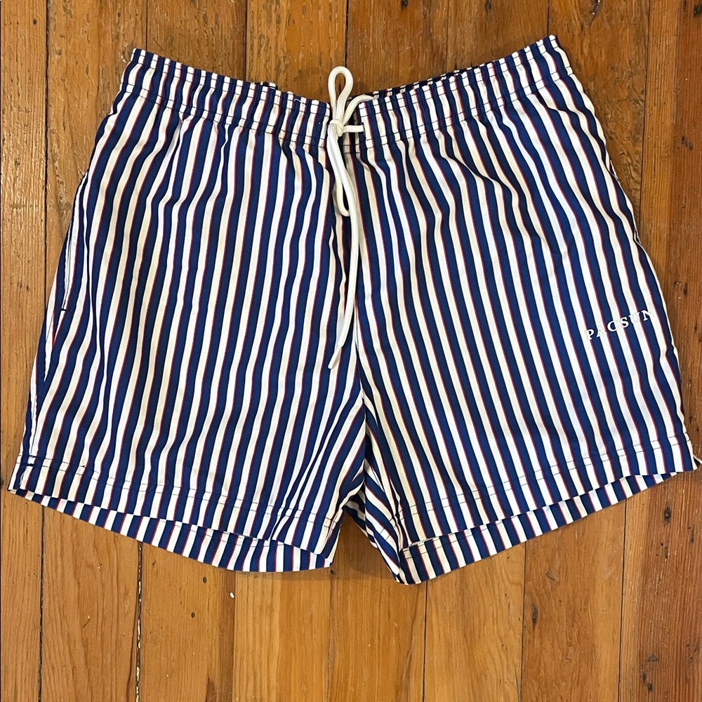 Pacsun Blue, White & Red Vertical Stripe Swim Trunks. Mens size M
